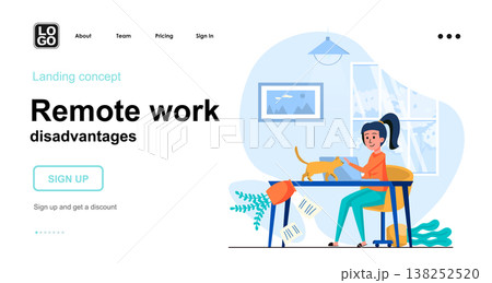Remote work disadvantages web concept. Woman works at laptop and distracted by cat in home office. Template of people scenes. Vector illustration with character activities in flat design for website Remote work disadvantages web concept. Woman works at laptop and distracted by cat in home office. Template of people scenes. Vector illustration with character activities in flat design for website 138252520