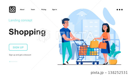 Shopping web concept. Couple making purchase in store, stacking bags in cart, sale discount price. Template of people scenes. Vector illustration with character activities in flat design for website 138252531