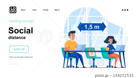 Social distance web concept. People distancing in coworking cafe, coronavirus epidemic prevention. Template of human scenes. Vector illustration with character activities in flat design for website Social distance web concept. People distancing in coworking cafe, coronavirus epidemic prevention. Template of human scenes. Vector illustration with character activities in flat design for website 138252535