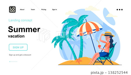 Summer vacation web concept. Woman sunbathes in lounger under umbrella, resting at seaside resort. Template of people scenes. Vector illustration with character activities in flat design for website Summer vacation web concept. Woman sunbathes in lounger under umbrella, resting at seaside resort. Template of people scenes. Vector illustration with character activities in flat design for website 138252544