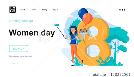 Women day web concept. Woman making selfie with bouquet near march 8 frame, celebrating holiday. Template of people scenes. Vector illustration with character activities in flat design for website 138252561