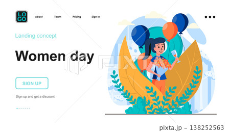 Women day web concept. Woman celebrating international holiday on March 8, festive decorations. Template of people scenes. Vector illustration with character activities in flat design for website 138252563