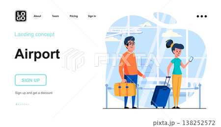 Airport web concept. Passengers with luggage waiting in line to boarding, flights and travel. Template of people scenes. Vector illustration with character activities in flat design for website Airport web concept. Passengers with luggage waiting in line to boarding, flights and travel. Template of people scenes. Vector illustration with character activities in flat design for website 138252572
