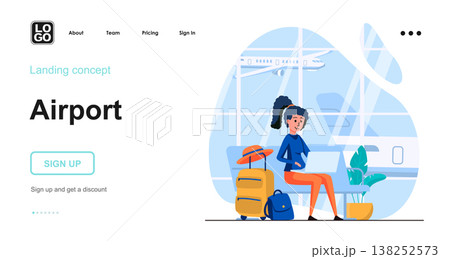 Airport web concept. Woman traveler with luggage sits in waiting room before boarding plane. Template of people scenes. Vector illustration with character activities in flat design for website 138252573