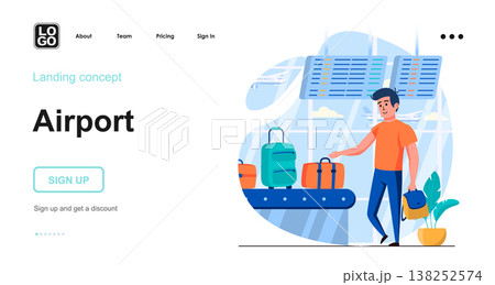Airport web concept. Male pick up his luggage, arrival at destination country, flights travel. Template of people scenes. Vector illustration with character activities in flat design for website 138252574