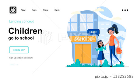 Children go to school web concept. Mother takes her daughter to school in morning. Primary education. Template of people scene. Vector illustration with character activities in flat design for website 138252588