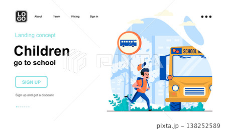 Children go to school web concept. Boy hurrying to school bus. Schoolboy is late for lessons. Template of people scene. Vector illustration with character activities in flat design for website 138252589