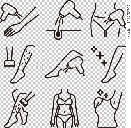 全身除毛:圖示展示了手臂、腿部、腋下和VIO區域(比基尼線)的除毛療程。向量圖。 全身除毛:圖示展示了手臂、腿部、腋下和VIO區域(比基尼線)的除毛療程。向量圖。 138252767