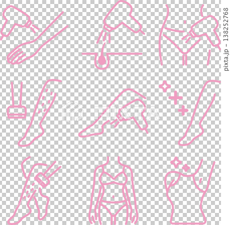 全身除毛：圖示展示了手臂、腿部、腋下和VIO區域（比基尼線）的除毛療程。向量圖。 138252768