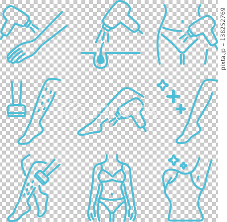 全身除毛：圖示展示了手臂、腿部、腋下和VIO區域（比基尼線）的除毛療程。向量圖。 138252769