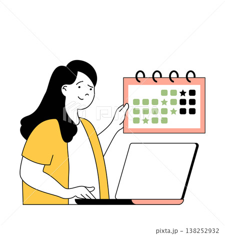 Time management concept with cartoon people in flat design for web. Woman productively working at laptop and planning in calendar. Vector illustration for social media banner, marketing material. Time management concept with cartoon people in flat design for web. Woman productively working at laptop and planning in calendar. Vector illustration for social media banner, marketing material. 138252932