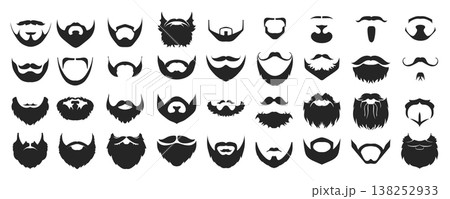 Beards and mustaches mega set in flat graphic design. Bundle elements of male facial hairstyles black silhouettes for barbershop models and hipster portraits. Vector illustration isolated objects Beards and mustaches mega set in flat graphic design. Bundle elements of male facial hairstyles black silhouettes for barbershop models and hipster portraits. Vector illustration isolated objects 138252933