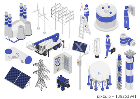 Electrical equipment isometric elements constructor mega set. Creator kit with flat graphic electricians, factory, solar panels, power lines, wind turbines. Vector illustration in 3d isometry design 138252941