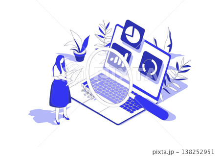 Data analysis 3d isometric concept in isometry graphic design for web. People scene with woman researching data charts and graphs, making financial report and working at laptop. Vector illustration. Data analysis 3d isometric concept in isometry graphic design for web. People scene with woman researching data charts and graphs, making financial report and working at laptop. Vector illustration. 138252951