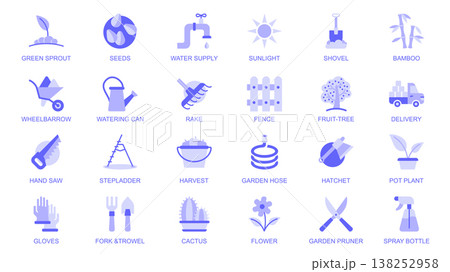 Garden flowers web icons set in duotone flat design. Pack pictograms with green sprout, seeds, sunlight, shovel, bamboo, wheelbarrow, watering can, rake, fence, fruit tree, other. Vector illustration. Garden flowers web icons set in duotone flat design. Pack pictograms with green sprout, seeds, sunlight, shovel, bamboo, wheelbarrow, watering can, rake, fence, fruit tree, other. Vector illustration. 138252958