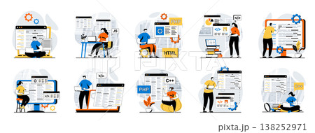Software development web concept with people scenes mega set in flat design. Bundle of character situations with program and apps creating, engineering and optimization products. Vector illustrations. 138252971