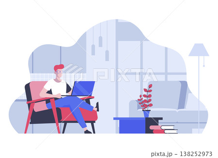 Freelancer at home concept with cartoon people in flat design for web. Remote worker doing tasks at laptop from comfy condition office. Vector illustration for social media banner, marketing material. 138252973