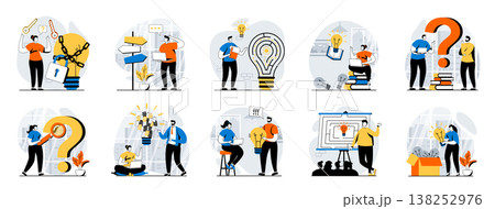 Finding solution web concept with people scenes mega set in flat design. Bundle of character situations with brainstorm, think and creativity for business, generating new ideas. Vector illustrations. 138252976
