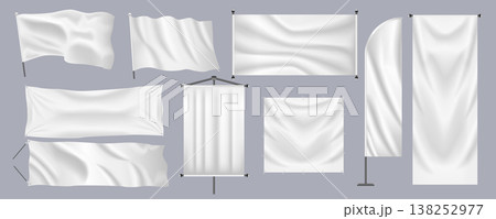 Realistic textile banners mega set in flat graphic design. Bundle elements of different shapes of empty white flags, hanging posters, promotion sheets with poles. Vector illustration isolated objects Realistic textile banners mega set in flat graphic design. Bundle elements of different shapes of empty white flags, hanging posters, promotion sheets with poles. Vector illustration isolated objects 138252977