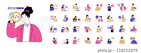 Programming concept with character situations mega set in flat web design. Bundle of scenes people coding and engineering programs, searching bugs, testing and make optimization. Vector illustrations. 138252979