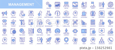 Management web icons set in duotone outline stroke design. Pack pictograms with calendar, meeting, partnership, career, candidate, global business, promotion, profit, experience. Vector illustration. 138252981