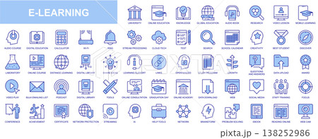 E-learning web icons set in duotone outline stroke design. Pack pictograms with university, online education, audio book, video lesson, learning, course, stream, network, podcast. Vector illustration. 138252986