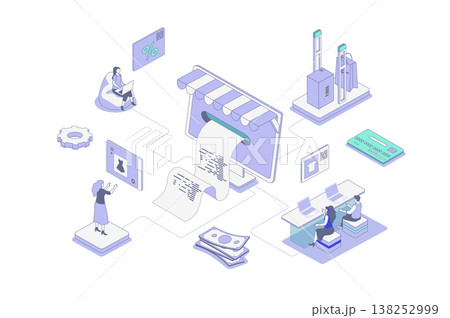 Online shopping isometric concept in outline isometry design for web. People making purchases, paying online with digital checkout bill, getting products with delivery service. Vector illustration. Online shopping isometric concept in outline isometry design for web. People making purchases, paying online with digital checkout bill, getting products with delivery service. Vector illustration. 138252999