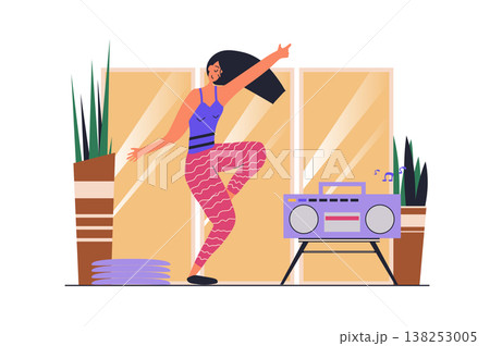 Dancing web concept with people scene in flat design. Woman training modern dance in studio class, moving and listening music at record player. Vector illustration with character situation for web Dancing web concept with people scene in flat design. Woman training modern dance in studio class, moving and listening music at record player. Vector illustration with character situation for web 138253005