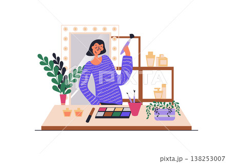 Makeup routine web concept with people scene in flat design. Woman makes glamour makeover using brush and eyeshadow cosmetics standing near mirror. Vector illustration with character situation for web Makeup routine web concept with people scene in flat design. Woman makes glamour makeover using brush and eyeshadow cosmetics standing near mirror. Vector illustration with character situation for web 138253007
