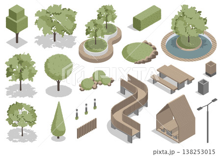 Green park isometric elements constructor mega set. Creator kit with flat graphic trees and bushes for landscaping, wooden benches, fence, lantern, trash bin. Vector illustration in 3d isometry design Green park isometric elements constructor mega set. Creator kit with flat graphic trees and bushes for landscaping, wooden benches, fence, lantern, trash bin. Vector illustration in 3d isometry design 138253015