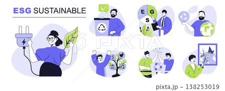 ESG sustainable concept set for web design. Collection with people doing eco friendly businesses with circular economy and waste recycling. Flat vector illustration isolated on white background. 138253019