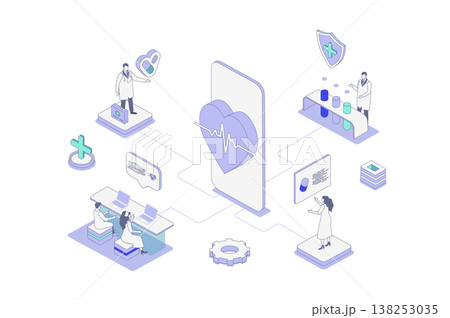 Medicine isometric concept in outline isometry design for web. People getting cardiology consults online in mobile app, cardiologist diagnosis heart, treating pharmacy pills. Vector illustration. 138253035