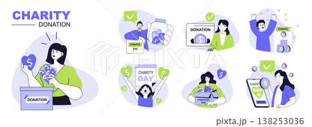 Charity donation concept set for web design. Collection with people putting coins in donation box, sending money in apps, sharing hope and help. Flat vector illustration isolated on white background. Charity donation concept set for web design. Collection with people putting coins in donation box, sending money in apps, sharing hope and help. Flat vector illustration isolated on white background. 138253036