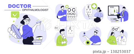 Doctor ophthalmologist concept set for web design. Collection with people visiting eye clinic for eyesight tests, get lens or glasses correction. Flat vector illustration isolated on white background. Doctor ophthalmologist concept set for web design. Collection with people visiting eye clinic for eyesight tests, get lens or glasses correction. Flat vector illustration isolated on white background. 138253037