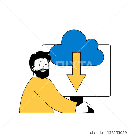 Cloud computing concept with cartoon people in flat design for web. Man downloading data from online storage server to computer. Vector illustration for social media banner, marketing material. Cloud computing concept with cartoon people in flat design for web. Man downloading data from online storage server to computer. Vector illustration for social media banner, marketing material. 138253039