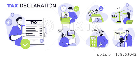 Tax declaration concept set for web design. Collection with people calculating income, filling declaration form online, preparing for payments. Flat vector illustration isolated on white background. Tax declaration concept set for web design. Collection with people calculating income, filling declaration form online, preparing for payments. Flat vector illustration isolated on white background. 138253042