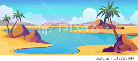 Oasis view in desert background banner in cartoon design. Dry sand space with dunes and hills, blue water lake with palm trees and stones, clouds horizon on day sunny sky. Vector cartoon illustration 138253044
