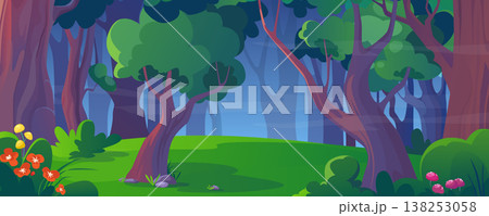 Summer forest background banner in cartoon design. Nature woodland landscape with green foliage trees, grass meadow with wild blooming flowers, lush bushes and mystic fog. Vector cartoon illustration Summer forest background banner in cartoon design. Nature woodland landscape with green foliage trees, grass meadow with wild blooming flowers, lush bushes and mystic fog. Vector cartoon illustration 138253058