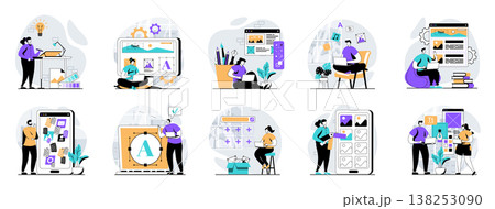 UI UX design web concept with people scenes mega set in flat design. Bundle of character situations with user interface layouts creating, testing app usability for mobile screen. Vector illustrations. 138253090