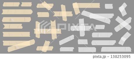 Sticky tapes mega set in flat graphic design. Bundle elements of yellow and white glue duct tapes with ripped edges, realistic adhesive scotch, torn stickers. Vector illustration isolated objects 138253095