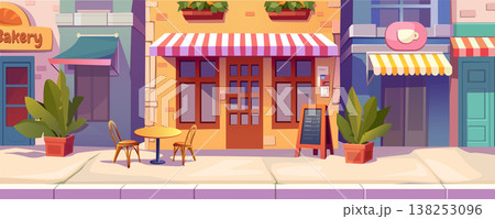 City street cafe background banner for game design. Small business cityscape with outdoor chairs and table of restaurant by cafeteria and bakery, shop entrance in building. Vector cartoon illustration City street cafe background banner for game design. Small business cityscape with outdoor chairs and table of restaurant by cafeteria and bakery, shop entrance in building. Vector cartoon illustration 138253096