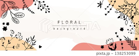 Floral horizontal web banner. Abstract black outline wildflowers, blooming flowers, twigs and herbs on decorative background. Vector illustration for header website, cover templates in modern design 138253099