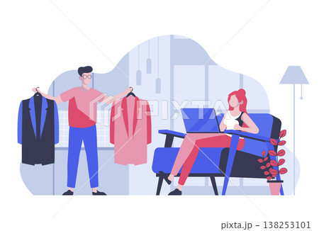 Online shopping concept with cartoon people in flat design for web. Customers choosing clothes, ordering with delivery and fitting. Vector illustration for social media banner, marketing material. 138253101