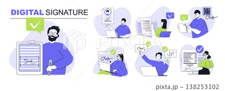 Digital signature concept set for web design. Collection with people signing law documents with electronic identification certificate online. Flat vector illustration isolated on white background. 138253102