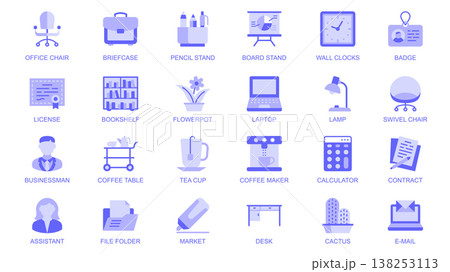 Business workspace web icons set in duotone flat design. Pack pictograms with office chair, briefcase, pencil stand, wall clocks, license, bookshelf, flowerpot, laptop, other. Vector illustration. 138253113