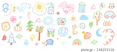Cute kid scribble mega set in flat graphic design. Bundle elements of childish crayon doodle drawings with animals, characters, sun, trees, houses, rainbow, other. Vector illustration isolated objects Cute kid scribble mega set in flat graphic design. Bundle elements of childish crayon doodle drawings with animals, characters, sun, trees, houses, rainbow, other. Vector illustration isolated objects 138253118