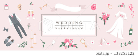 Wedding horizontal web banner. Elegant marriage invitation with flowers, groom suit, bride dress, garland, key, other symbol. Vector illustration for header website, cover templates in modern design Wedding horizontal web banner. Elegant marriage invitation with flowers, groom suit, bride dress, garland, key, other symbol. Vector illustration for header website, cover templates in modern design 138253122