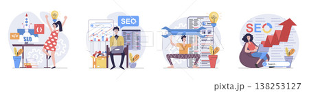 SEO optimization concept with people scenes set in flat web design. Collection of character situation with site graph and internet traffic page analysis, engine search settings. Vector illustrations. SEO optimization concept with people scenes set in flat web design. Collection of character situation with site graph and internet traffic page analysis, engine search settings. Vector illustrations. 138253127