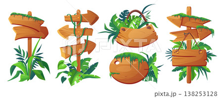 Jungle signboards mega set in cartoon graphic design. Bundle elements of different shapes of empty wooden direction pointers and guidepost with rainforest leaves. Vector illustration isolated objects Jungle signboards mega set in cartoon graphic design. Bundle elements of different shapes of empty wooden direction pointers and guidepost with rainforest leaves. Vector illustration isolated objects 138253128