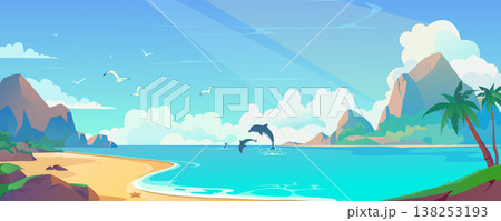 Sea beach background banner in cartoon design. Tropical sand lagoon landscape with palm trees, mountain rocks with day clouds, flying seagulls and jumping dolphins view. Vector cartoon illustration 138253193